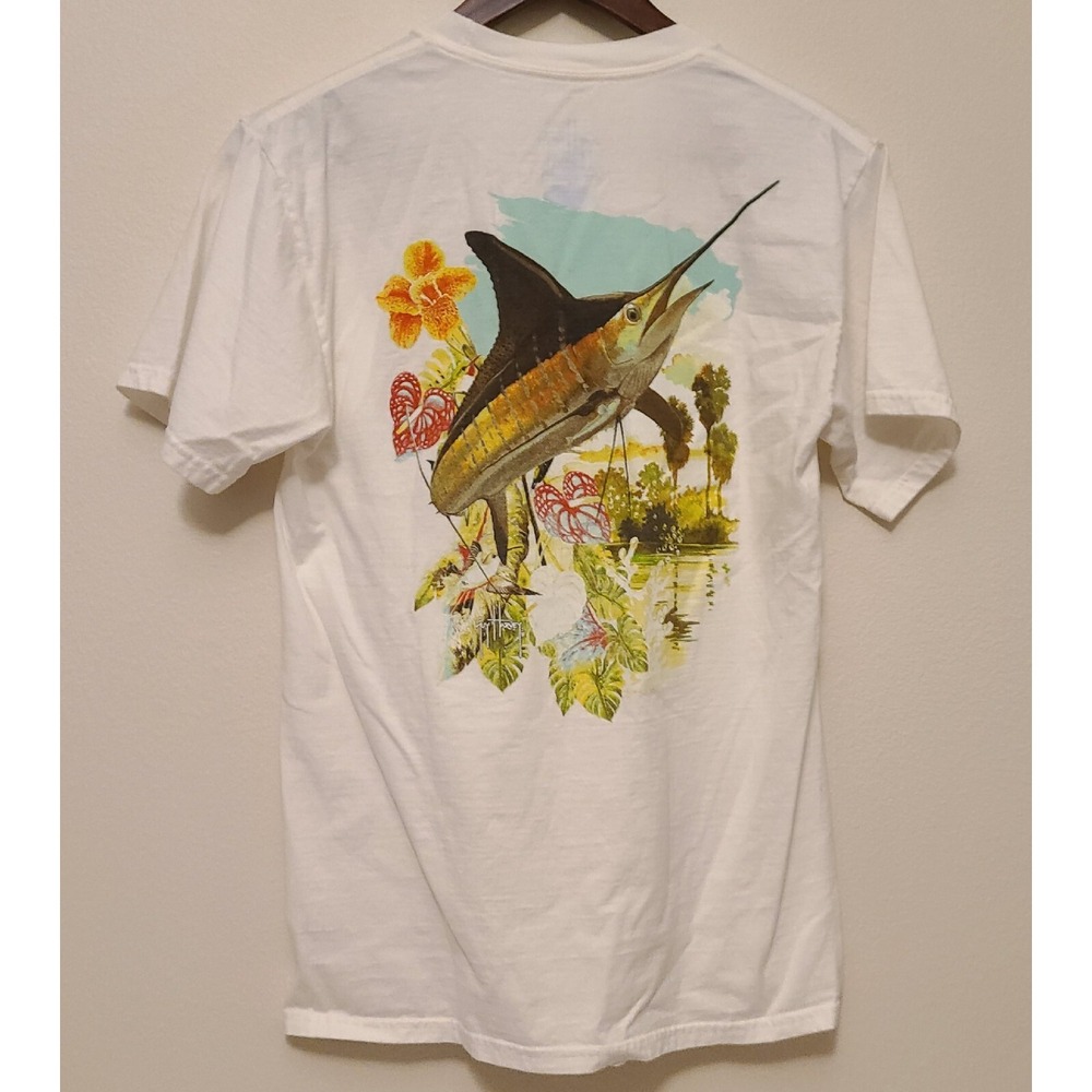 Guy Harvey Shirt Mens Small White Short Sleeve Marlin‎ Fishing Pocket Front Logo